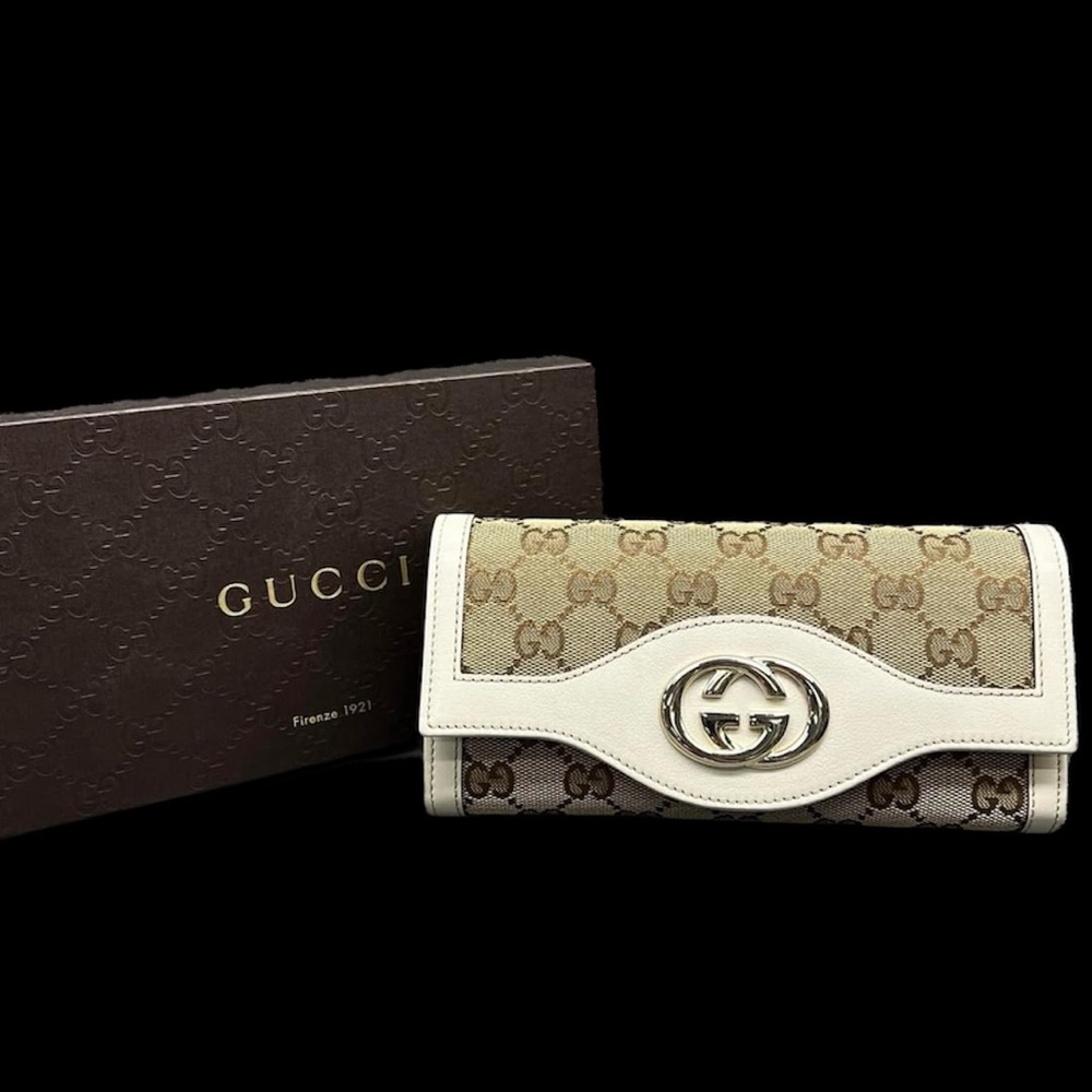 Gucci Sukey GG Continental Wallet - Ivory Leather + Monogram Canvas